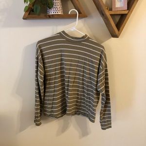 Everlane Olive Green and White Striped Long Sleeve Tee